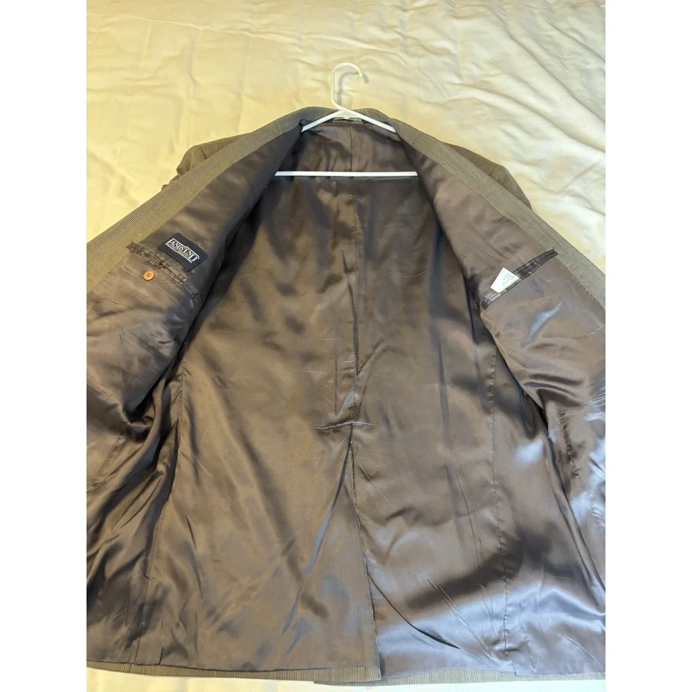 LANDS END Brown Windowpane Wool 2Pc SUIT‎ 44L Pleated Front Pants 36x30